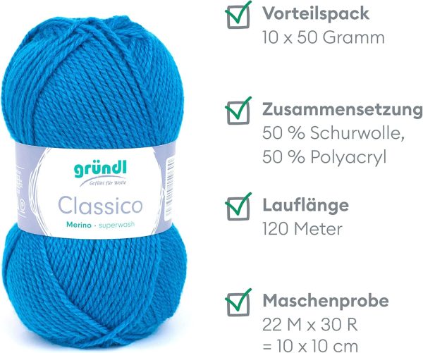 Gründl Classico Wolle (OEKO-TEX® zertifiziertes Strickgarn / Häkelgarn aus 50 % Schurwolle (Merino superwash) & 50 % Polyacryl, 50 g/120 m, Nadelstärke: 3,5 - 4,5, 10 Knäuel á 50 g), Enzianblau Einkaufen Günstige 2