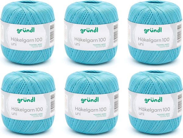 Gründl Wolle Häkelgarn 100 aus 100 % Baumwolle, 6 x 100 g Knäuel, Nadelstärke 1,5 - 2, 6, 100 g / 566 m, dünnes Garn zum Häkeln, Baumwollgarn, türkis hohe Discount 1