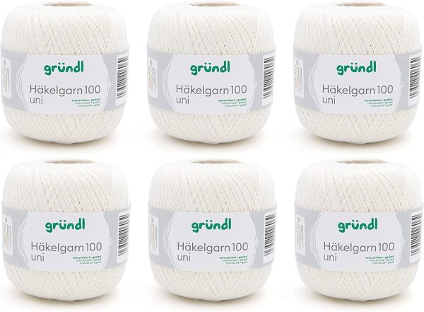 Gründl Wolle Häkelgarn 100 aus 100 % Baumwolle, 6 x 100 g Knäuel, Nadelstärke 1,5 - 2, 6, 100 g / 566 m, dünnes Garn zum Häkeln, Baumwollgarn, creme Bright 1