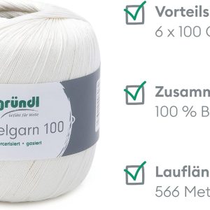 Gründl Wolle Häkelgarn 100 aus 100 % Baumwolle, 6 x 100 g Knäuel, Nadelstärke 1,5 - 2, 6, 100 g / 566 m, dünnes Garn zum Häkeln, Baumwollgarn, creme Bright 7