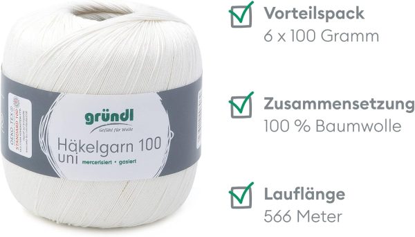 Gründl Wolle Häkelgarn 100 aus 100 % Baumwolle, 6 x 100 g Knäuel, Nadelstärke 1,5 - 2, 6, 100 g / 566 m, dünnes Garn zum Häkeln, Baumwollgarn, creme Bright 2