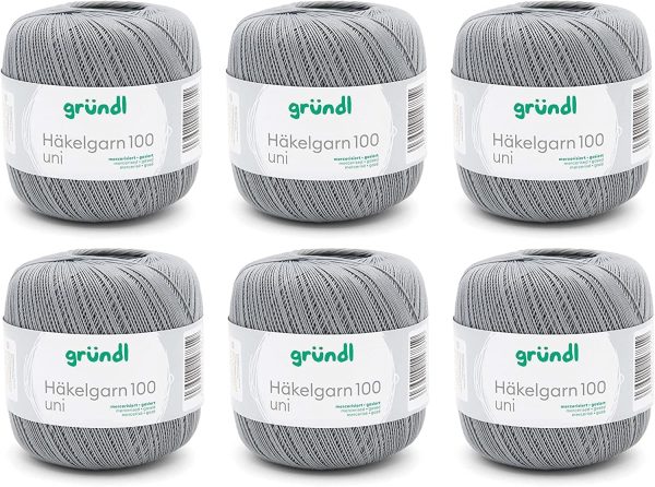 Gründl Wolle Häkelgarn 100 aus 100 % Baumwolle, 6 x 100 g Knäuel, Nadelstärke 1,5 - 2, 6, 100 g / 566 m, dünnes Garn zum Häkeln, hellgrau Hot Sale 1