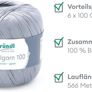 Gründl Wolle Häkelgarn 100 aus 100 % Baumwolle, 6 x 100 g Knäuel, Nadelstärke 1,5 - 2, 6, 100 g / 566 m, dünnes Garn zum Häkeln, hellgrau Hot Sale 3