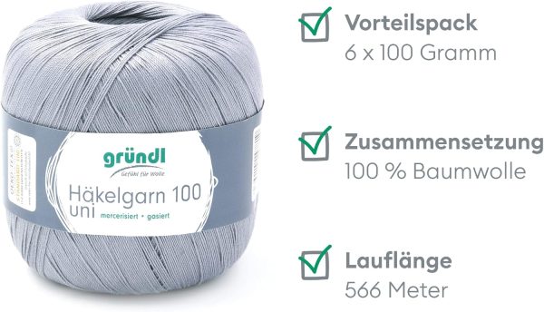 Gründl Wolle Häkelgarn 100 aus 100 % Baumwolle, 6 x 100 g Knäuel, Nadelstärke 1,5 - 2, 6, 100 g / 566 m, dünnes Garn zum Häkeln, hellgrau Hot Sale 2