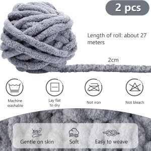 Dicke Wolle Garn 500 g(250 g*2) ca.54 m, Grau Chunky Wolle, Super Soft Chenille Chunky Yarn, Grobstrick Weiches Wollgarn, Soft Arm Knitting zum Häkeln Decke, Schals, Mützen, Decken, Zierkissen Antibakterielle Deodorant 7