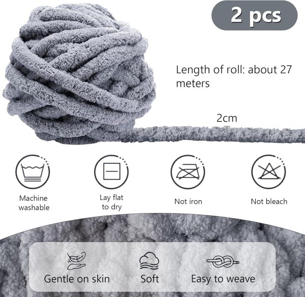 Dicke Wolle Garn 500 g(250 g*2) ca.54 m, Grau Chunky Wolle, Super Soft Chenille Chunky Yarn, Grobstrick Weiches Wollgarn, Soft Arm Knitting zum Häkeln Decke, Schals, Mützen, Decken, Zierkissen Antibakterielle Deodorant 2