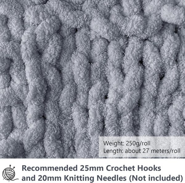 Dicke Wolle Garn 500 g(250 g*2) ca.54 m, Grau Chunky Wolle, Super Soft Chenille Chunky Yarn, Grobstrick Weiches Wollgarn, Soft Arm Knitting zum Häkeln Decke, Schals, Mützen, Decken, Zierkissen Antibakterielle Deodorant 3