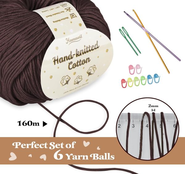 Homewit Wolle zum Häkeln und Stricken 6 x 50g/165m Strickgarn, 100% Baumwollgarn zum Häkeln,Crochet Yarn für Häkeln Stricken und Handwerk-Braun günstig kaufen online 3